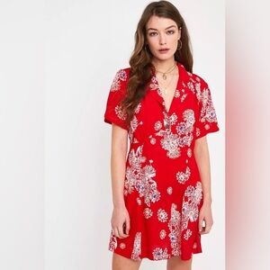 FREE PEOPLE Blue Hawaii Red Floral Print Short Sleeve Mini Dress Sz M